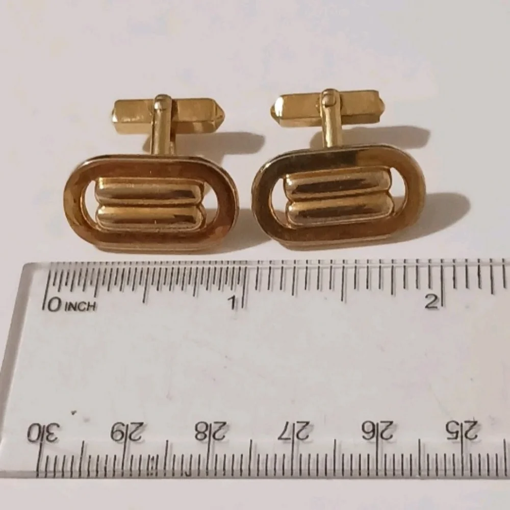 VTG Swank Gold Tone Ribbed Double Bar Oval Cufflinks Mid-Century Modern Formal